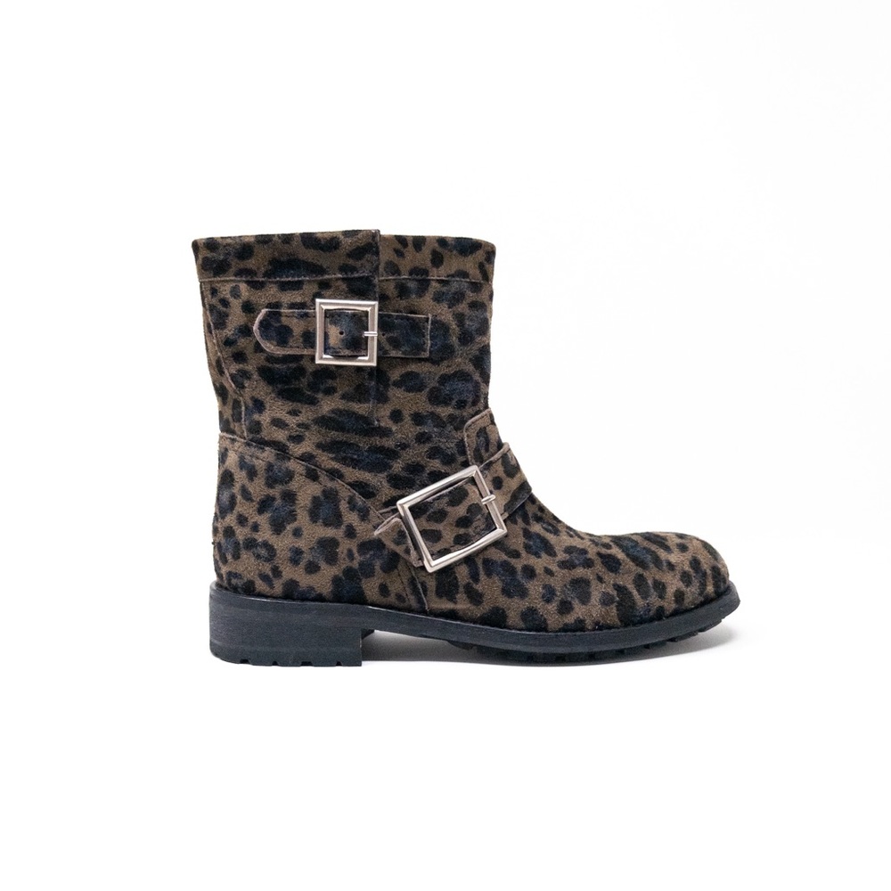 Jimmy Choo Youth Suede Leopard Moto Biker Boots EU 37 Ankle Buckle 2000s 2010s